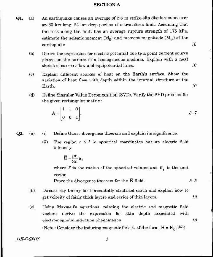 Combined Geo-Scientist (Main) Examination 2020 Geophysics Paper I question paper page 1 instructions and header scan PDF download