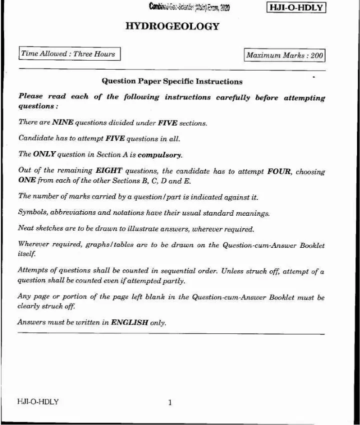 Combined Geo-Scientist (Main) 2020 Hydrogeology question paper page 1 instructions scan PDF download UPSC