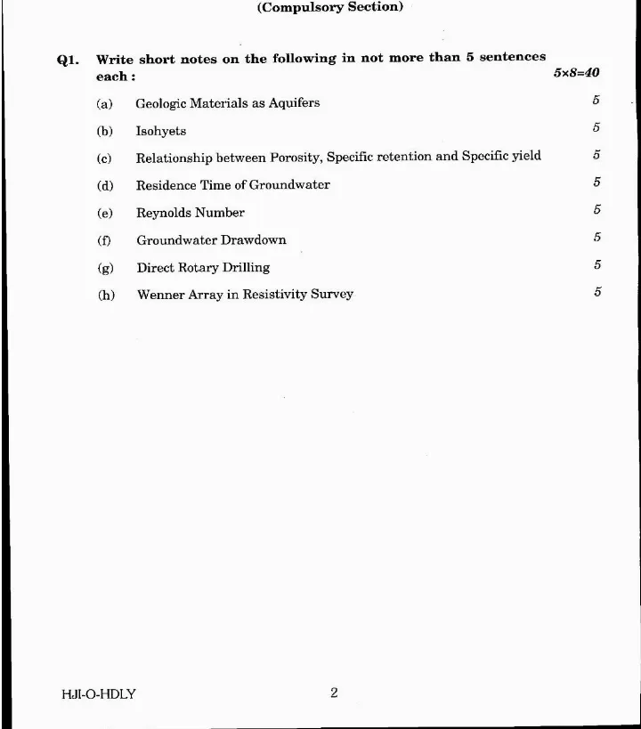 Combined Geo-Scientist (Main) 2020 Hydrogeology question paper page 1 instructions scan PDF download UPSC