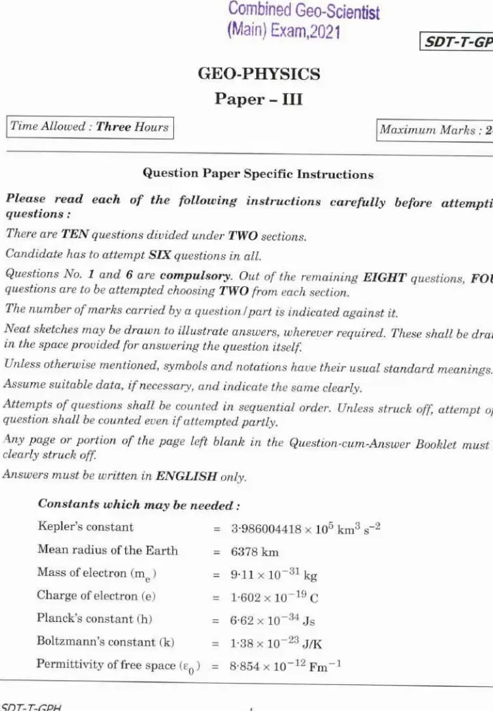 Combined Geo-Scientist (Main) Examination, 2021 2021 — III Question Paper PDF Download — page 1 instructions scan PDF download