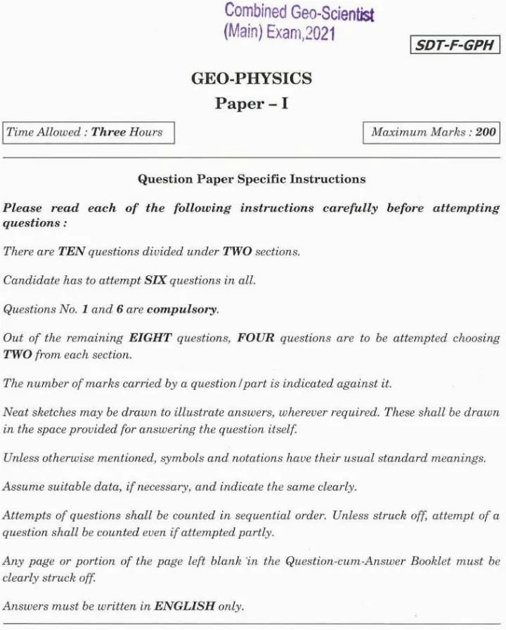 Combined Geo-Scientist Main 2021 Geo-Physics Paper I question paper page 1 instructions and header scan PDF download