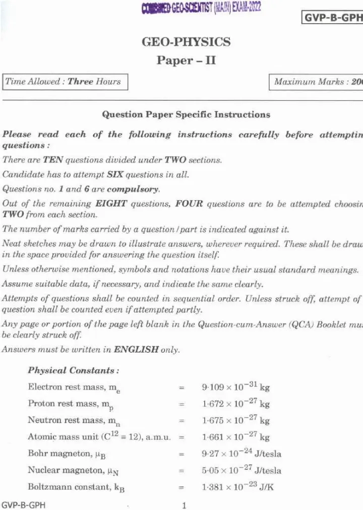 Combined Geo-Scientist Main 2022 Geo-Physics Paper II question paper page 1 instructions and exam header scan PDF download