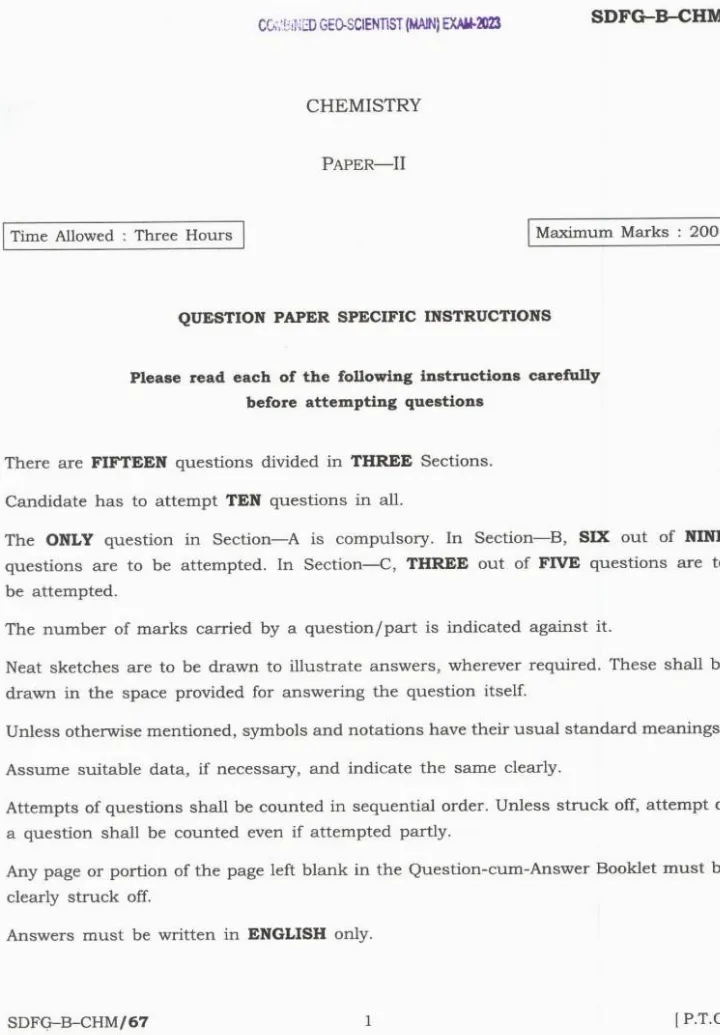 Combined Geo-Scientist Main 2023 Chemistry Paper II question paper page 1 instructions scan PDF download