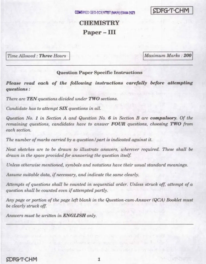 Combined Geo-Scientist Main 2023 Chemistry Paper III question paper page 1 instructions scan PDF download