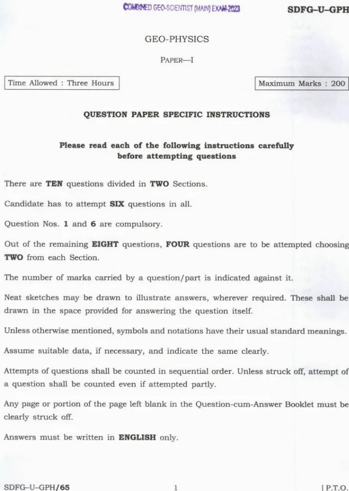 Combined Geo-Scientist Main 2023 Geo-Physics Paper-I question paper page 1 instructions scan PDF download