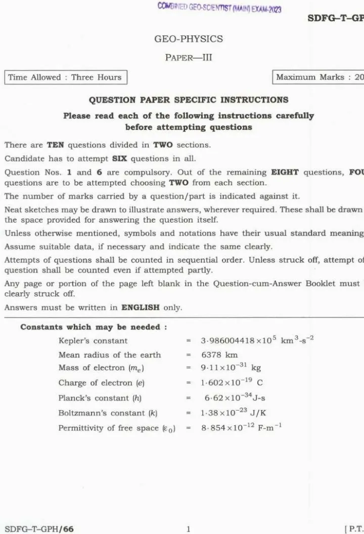 Combined Geo-Scientist Main 2023 Geo-Physics Paper III question paper page 1 instructions and exam header scan PDF download