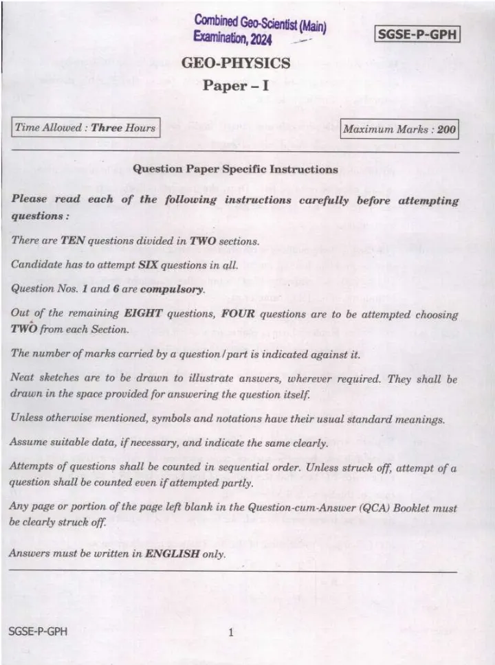 Combined Geo-Scientist 2024 Geo-Physics Paper I question paper page 1 instructions scan PDF download UPSC