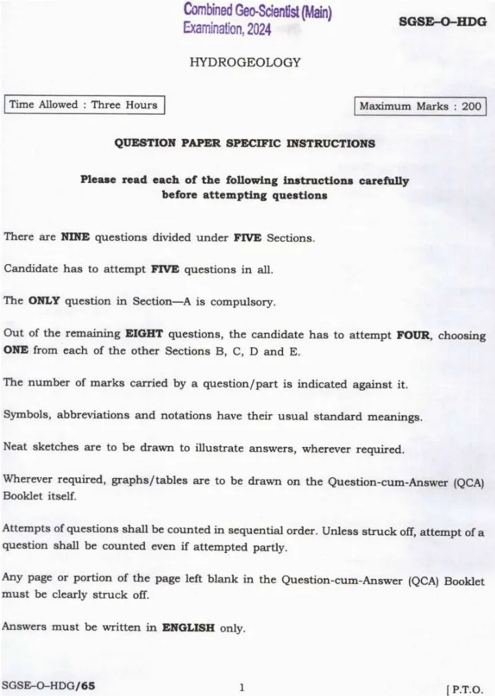 Combined Geo-Scientist (Main) 2024 Hydrogeology question paper page 1 instructions scan PDF download UPSC