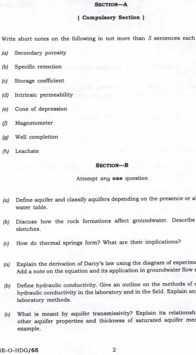 Combined Geo-Scientist (Main) 2024 Hydrogeology question paper page 1 instructions scan PDF download UPSC
