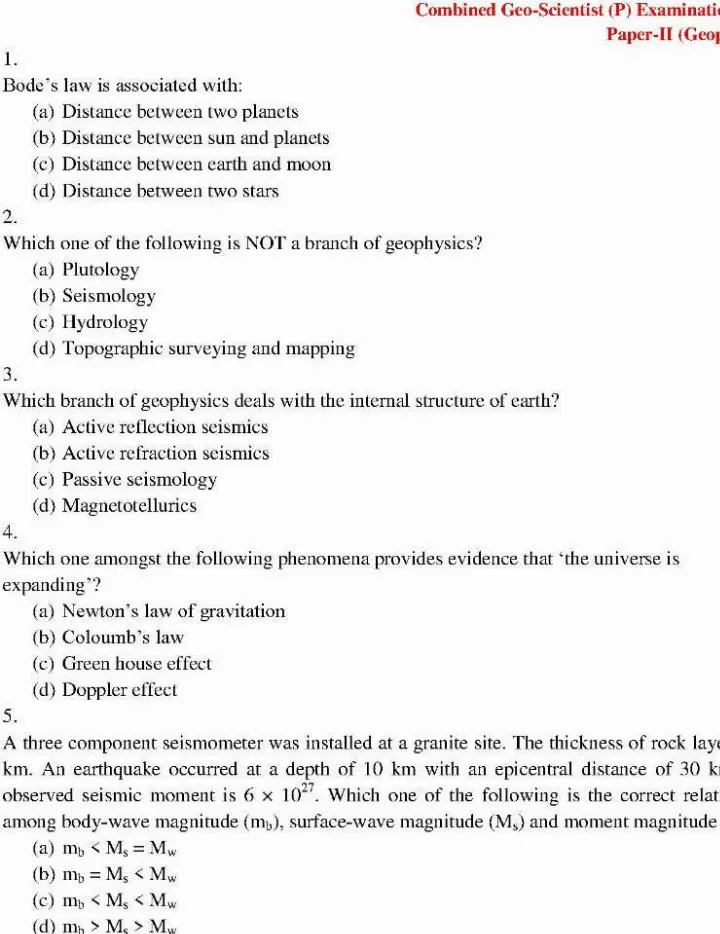 Combined Geo-Scientist 2020 Paper II Geophysics question paper page 1 instructions scan PDF download UPSC