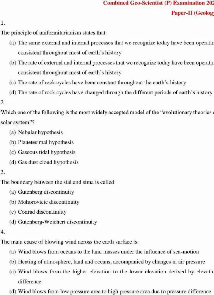 Combined Geo-Scientist 2021 Preliminary exam Paper II Geology question paper page 1 instructions scan PDF download