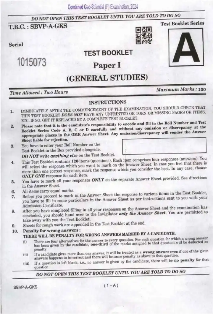 Combined Geo-Scientist 2024 General Studies question paper page 1 instructions scan PDF download UPSC