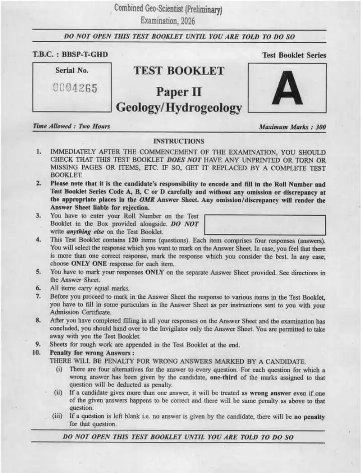 Combined Geo-Scientist 2026 Paper I Geology/Hydrogeology question paper page 1 instructions scan PDF download