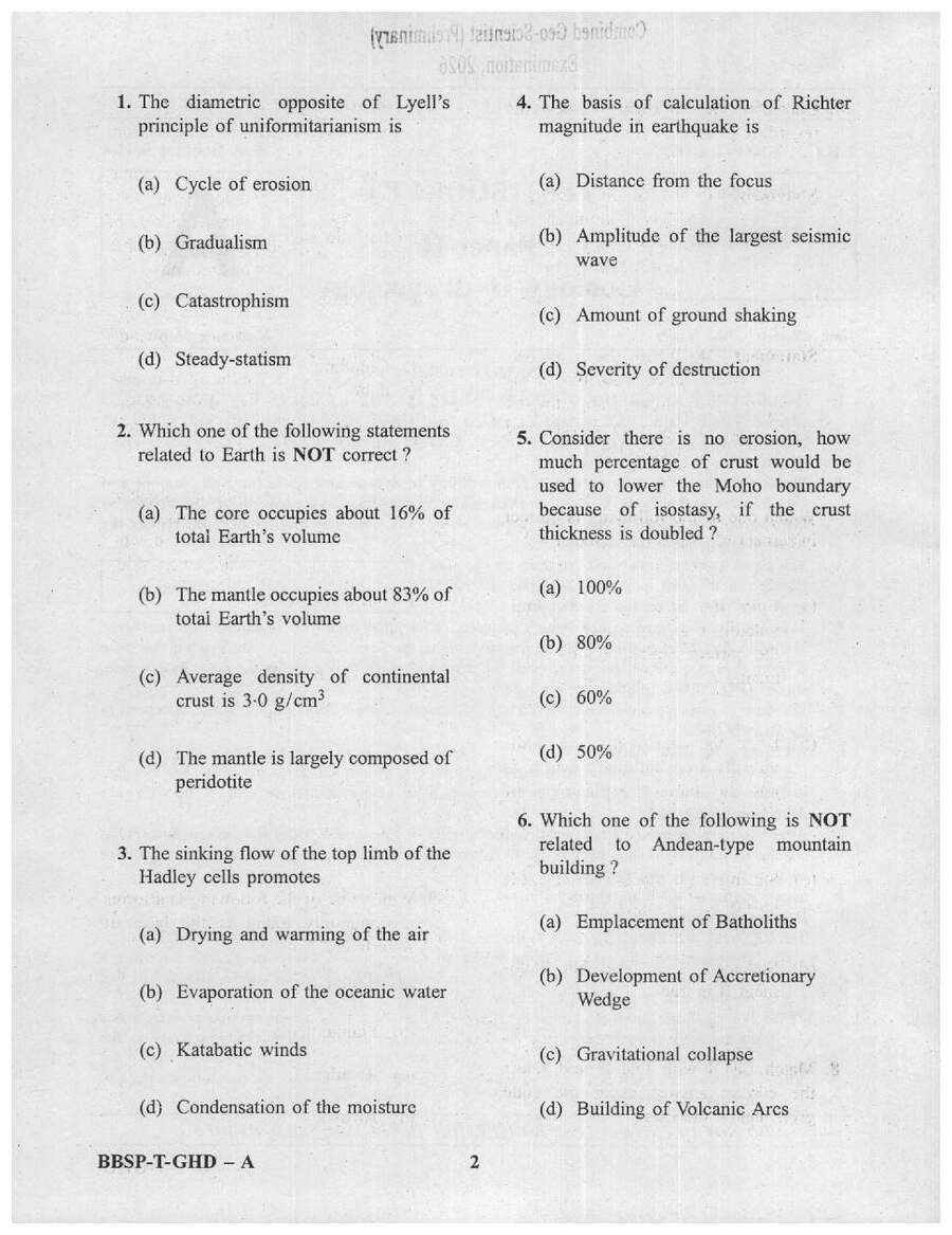 Combined Geo-Scientist 2026 Paper I Geology/Hydrogeology question paper page 1 instructions scan PDF download