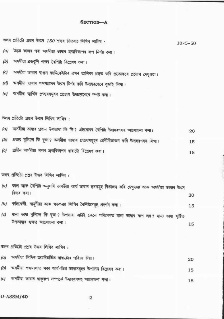 CS (Main) Exam 2020 Assamese Paper-I (Literature) question paper page 1 instructions scan PDF download UPSC