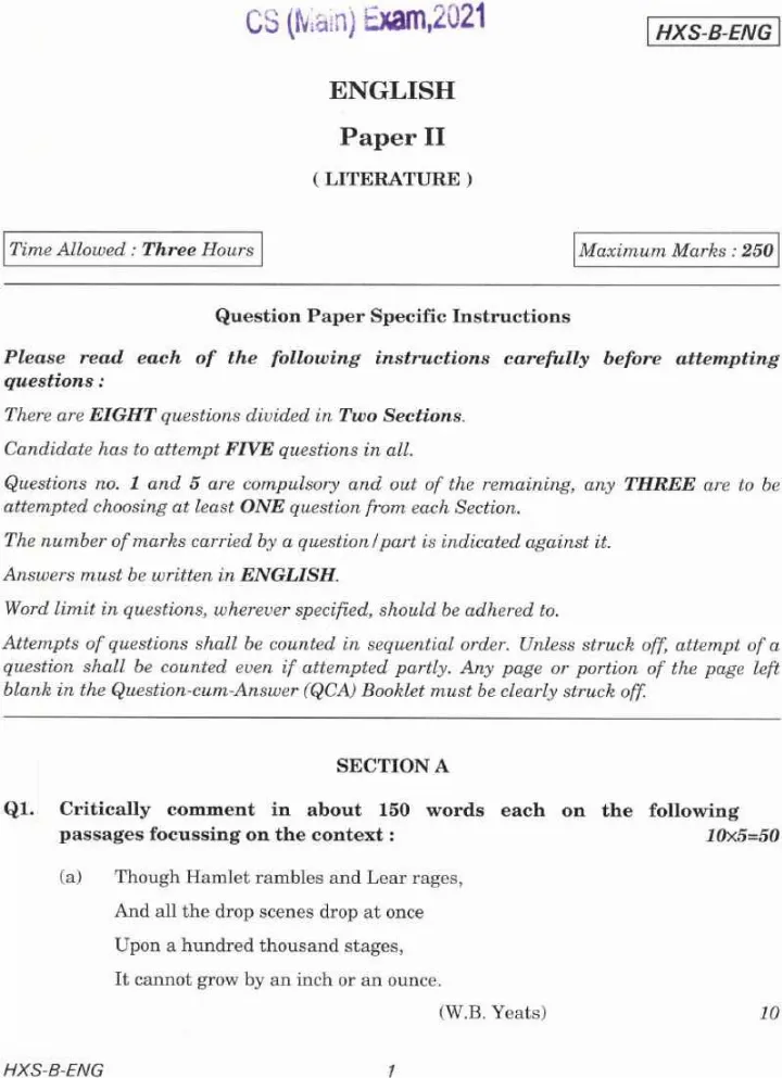 CS (Main) Exam 2021 English Paper II (Literature) question paper page 1 instructions scan PDF download UPSC