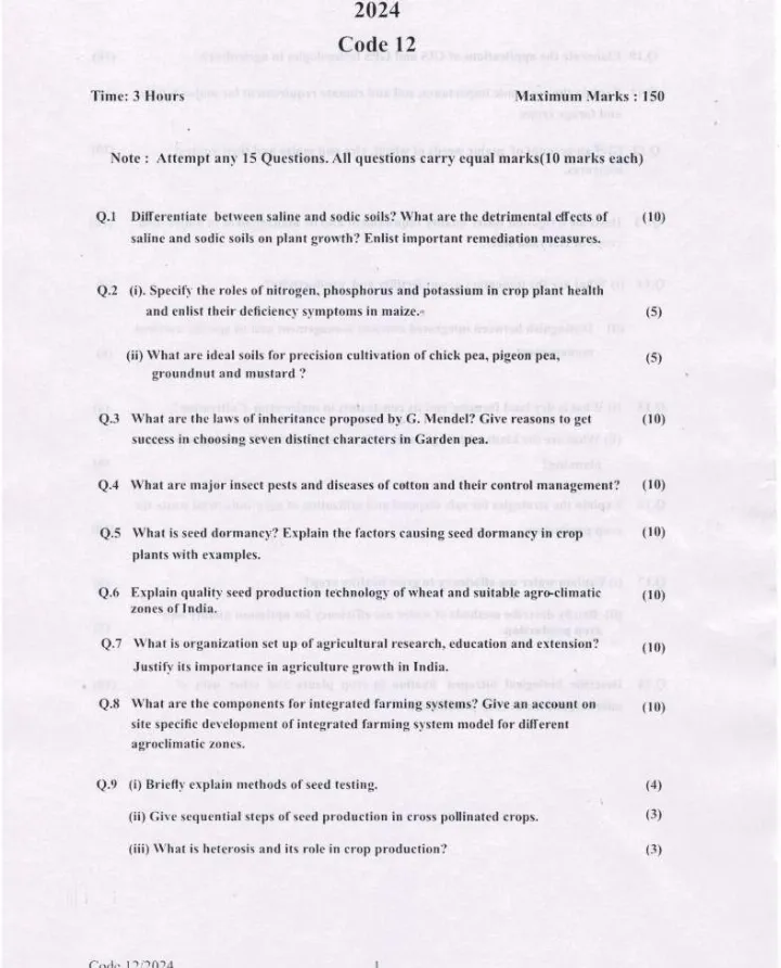 Deputy Director (Horticulture) Question Papers 2024 Haryana — page 1 instructions scan PDF download