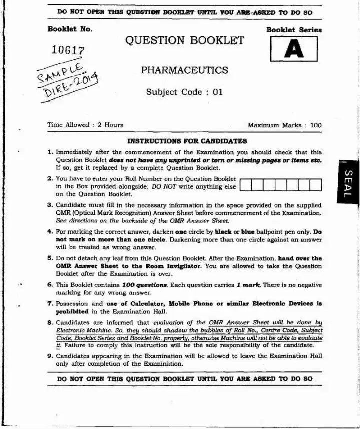 Drug Inspector Recruitment Exam 2013 Pharmaceutics Question Paper — page 1 instructions scan PDF download
