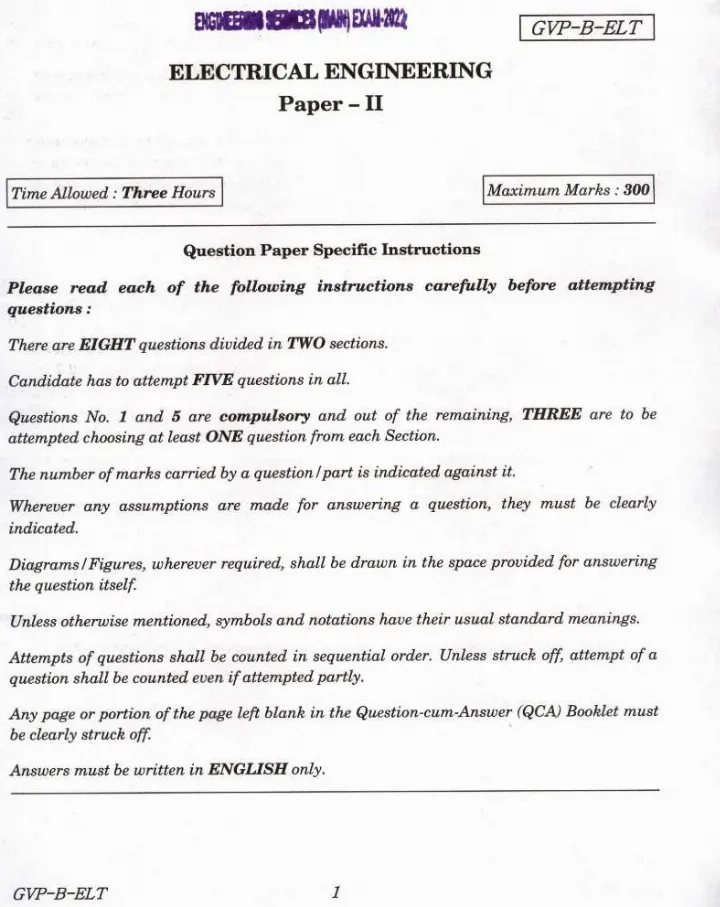 Electrical Engineering Paper II 2022 — page 1 instructions scan PDF download