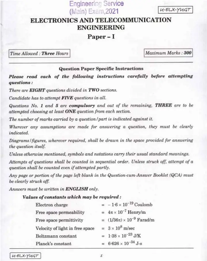 Engineering Service 2021 ECE Paper I (Main) - Page 1-2 — page 1 instructions scan PDF download