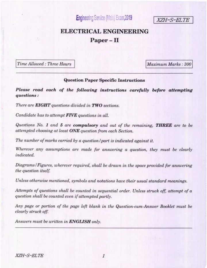 Engineering Service Main 2019 Electrical Engineering Paper II question paper page 1 instructions scan PDF download