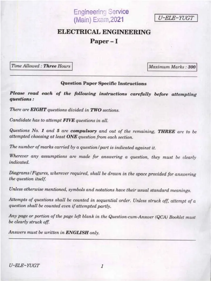 Engineering Service Main Examination 2021 Electrical Engineering Paper I question paper page 1 instructions scan PDF download