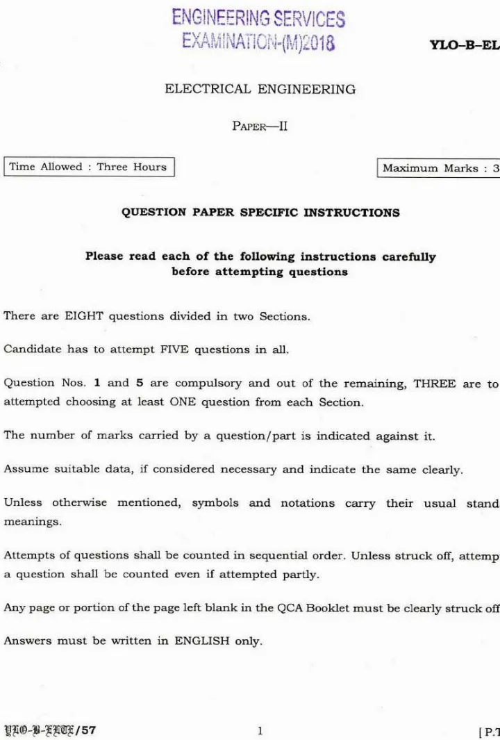 Engineering Services Examination 2018 Electrical Engineering Paper-II question paper page 1 instructions scan PDF download