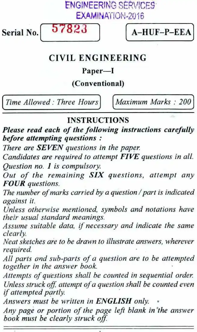 Engineering Services Examination 2016 Civil Engineering Paper 1 Conventional question paper page 1 instructions scan PDF download