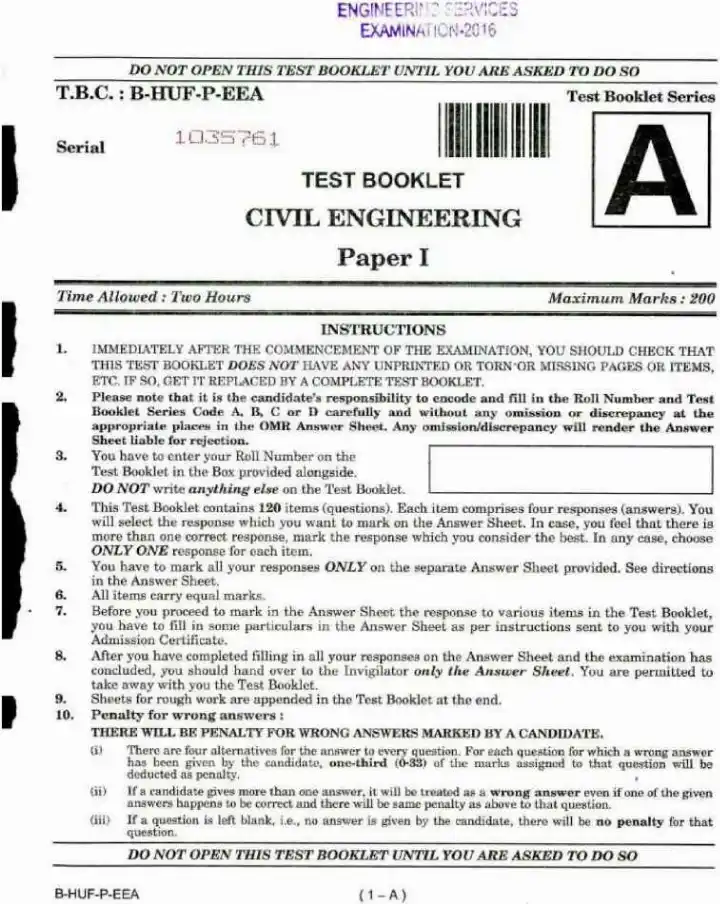 Engineering Services Examination 2016 Civil Engineering Paper I question paper page 1 instructions scan PDF download. UPSC ESE 2016 Civil Engineering Paper I instructions.
