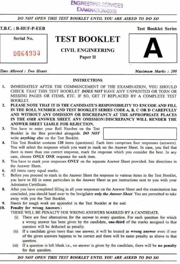 Engineering Services Examination 2016 Civil Engineering Paper II question paper page 1 instructions scan PDF download UPSC ESE