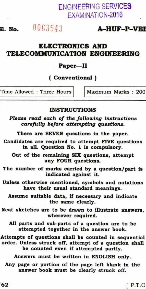 Engineering Services Examination 2016 Electronics and Telecommunication Engineering Paper II Conventional question paper page 1 instructions scan PDF download
