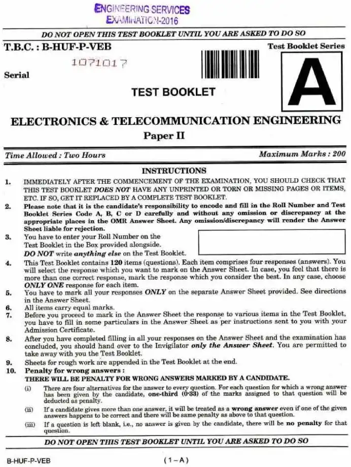 UPSC Engineering Services Examination 2016 Electronics & Telecommunication Engineering Paper II question paper page 1 instructions scan PDF download