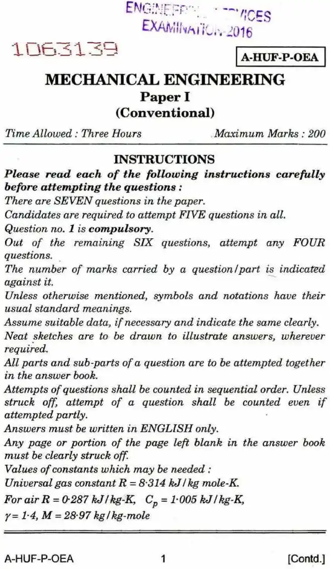 Engineering Services Examination 2016 Mechanical Engineering Paper I conventional question paper page 1 instructions scan PDF download