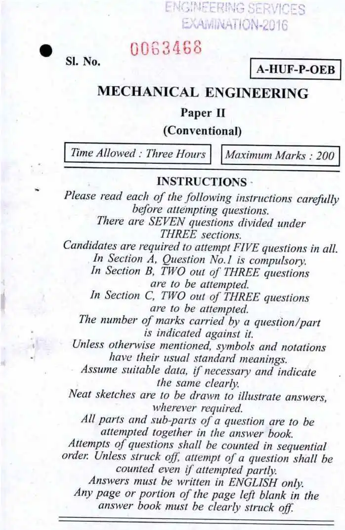Engineering Services Examination 2016 Mechanical Engineering Paper II Conventional question paper page 1 instructions scan PDF download