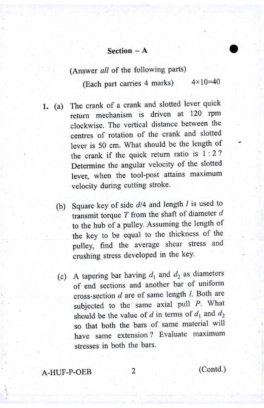 Engineering Services Examination 2016 Mechanical Engineering Paper II Conventional question paper page 1 instructions scan PDF download