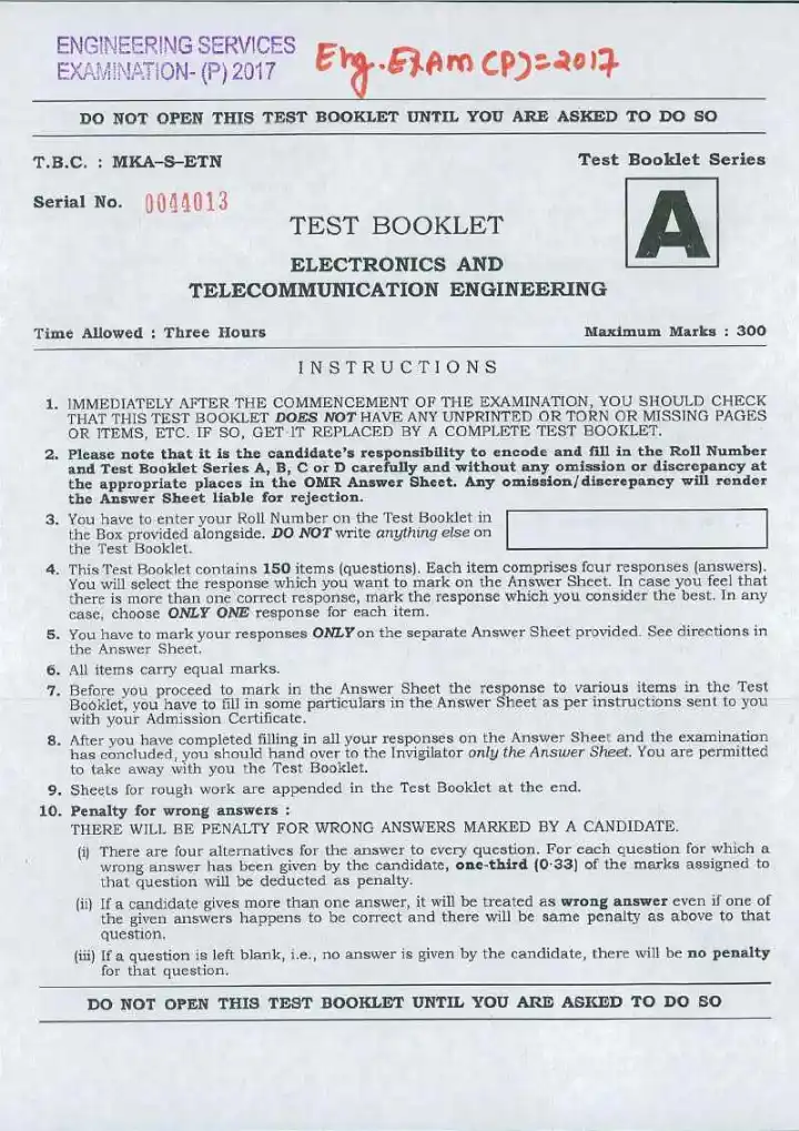 Engineering Services Examination 2017 Electronics and Telecommunication Engineering question paper page 1 instructions scan PDF download