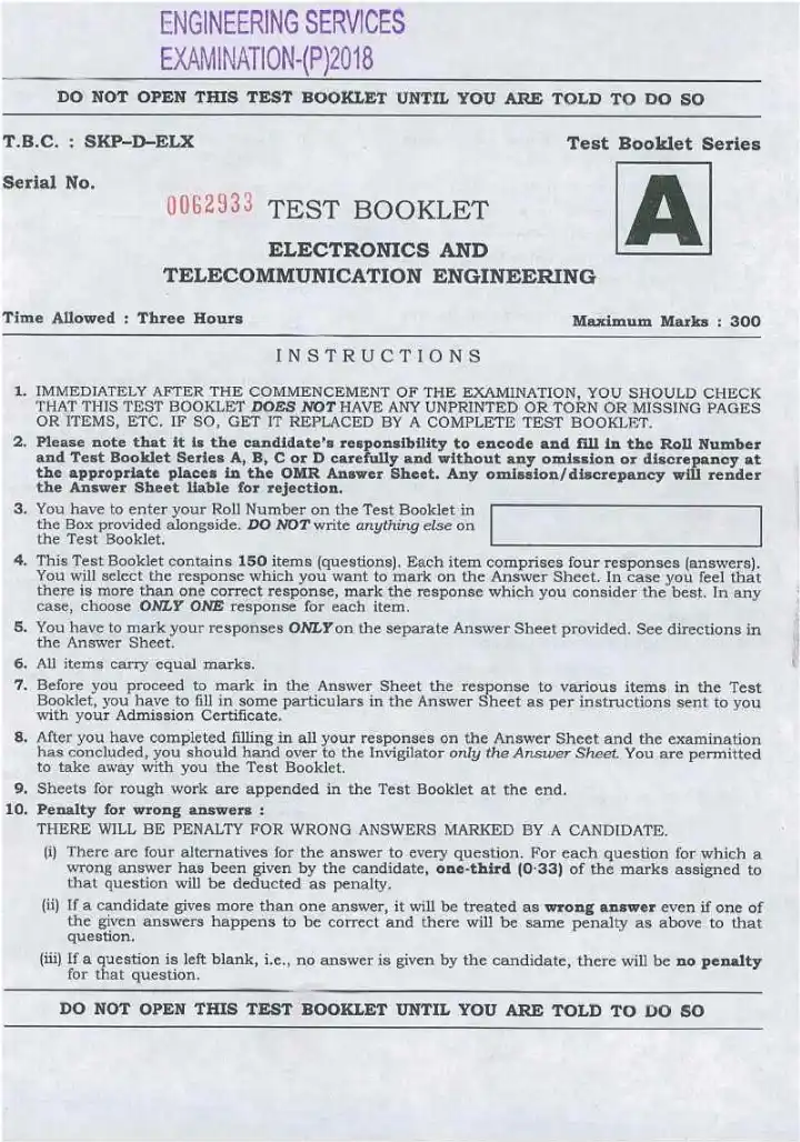 ESE 2018 Electronics and Telecommunication Engineering question paper page 1 instructions scan PDF download UPSC