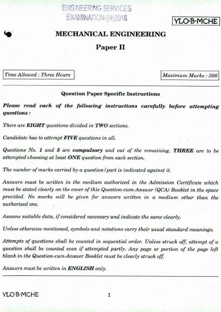 Engineering Services Examination 2018 Mechanical Engineering Paper II question paper page 1 instructions scan PDF download UPSC