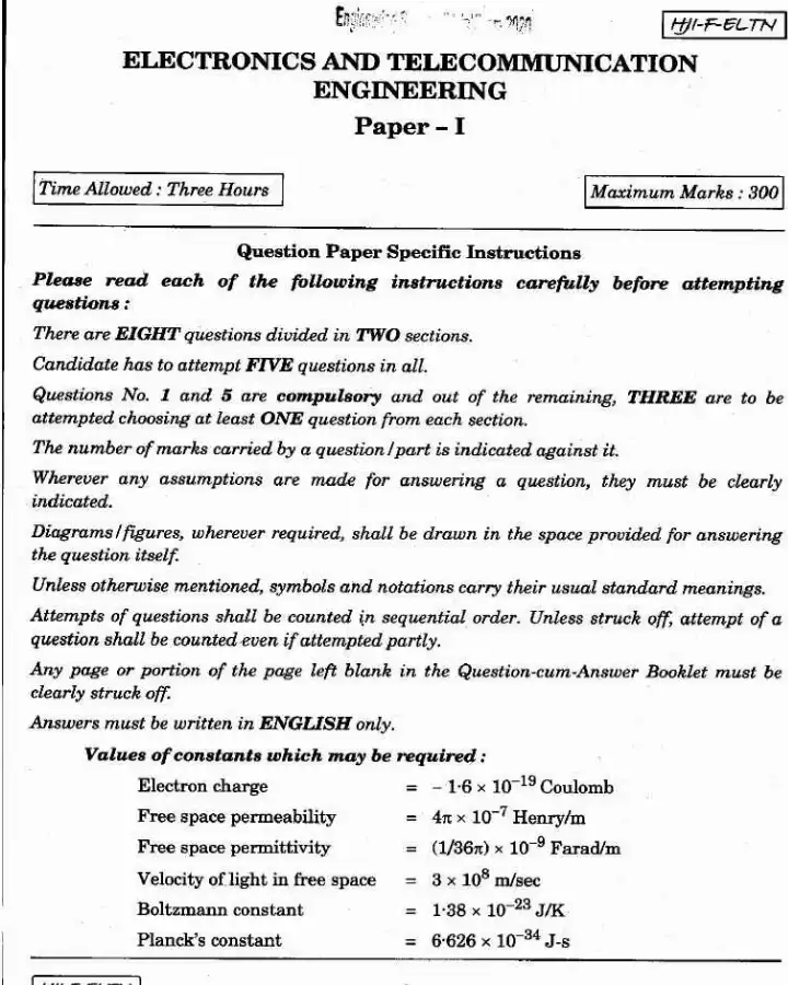 Engineering Services Examination 2020 Electronics and Telecommunication Engineering Paper I page 1 instructions scan PDF download UPSC ESE