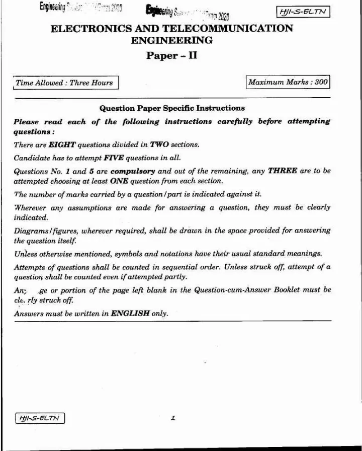 UPSC ESE 2020 Electronics and Telecommunication Engineering Paper II question paper page 1 instructions scan PDF download