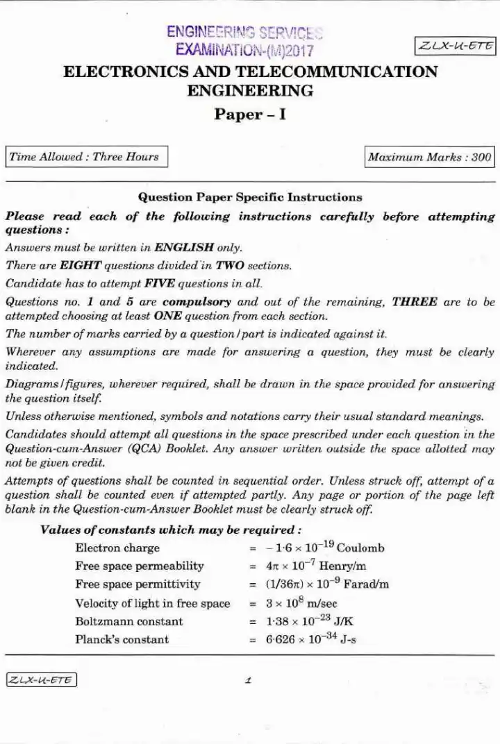 UPSC Engineering Services Examination (Mains) 2017 Electronics and Telecommunication Engineering Paper I page 1 instructions scan PDF download