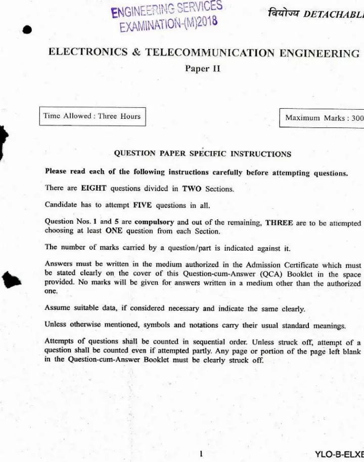 Engineering Services Main Examination 2018 Electronics & Telecommunication Engineering Paper II question paper page 1 instructions scan PDF download
