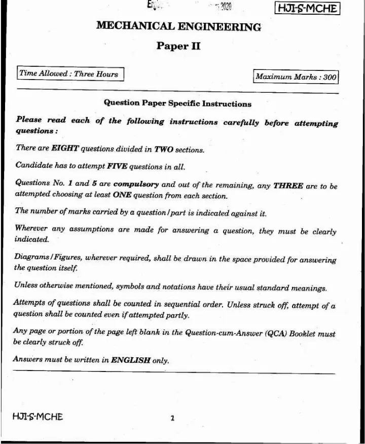 Engineering Services Main 2020 Mechanical Engineering Paper II question paper page 1 instructions scan PDF download UPSC ESE