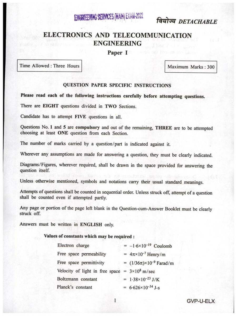 Engineering Services Main Examination 2022 Paper I for Electronics and Telecommunication Engineering page 1 instructions scan PDF download