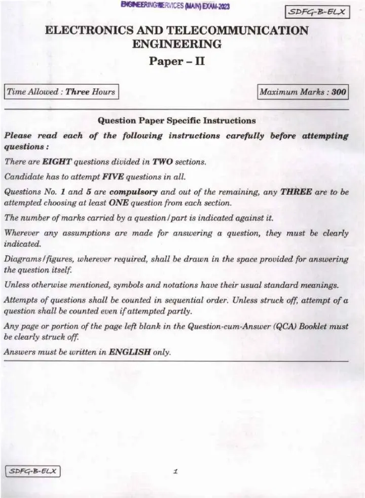 UPSC Engineering Services Main 2023 Paper II for Electronics and Telecommunication Engineering page 1 scan, showing exam details and instructions. PDF download.