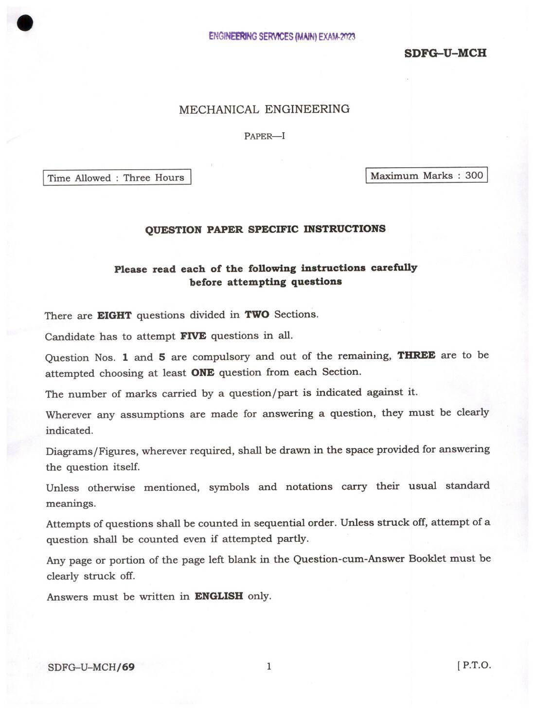 Engineering Services Main Exam 2023 Mechanical Engineering Paper-I page 1 instructions scan PDF download UPSC