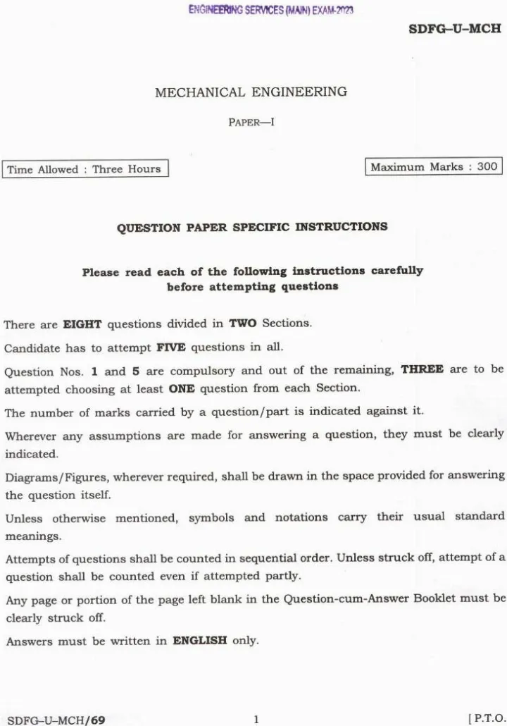 Engineering Services Main Exam 2023 Mechanical Engineering Paper-I page 1 instructions scan PDF download UPSC