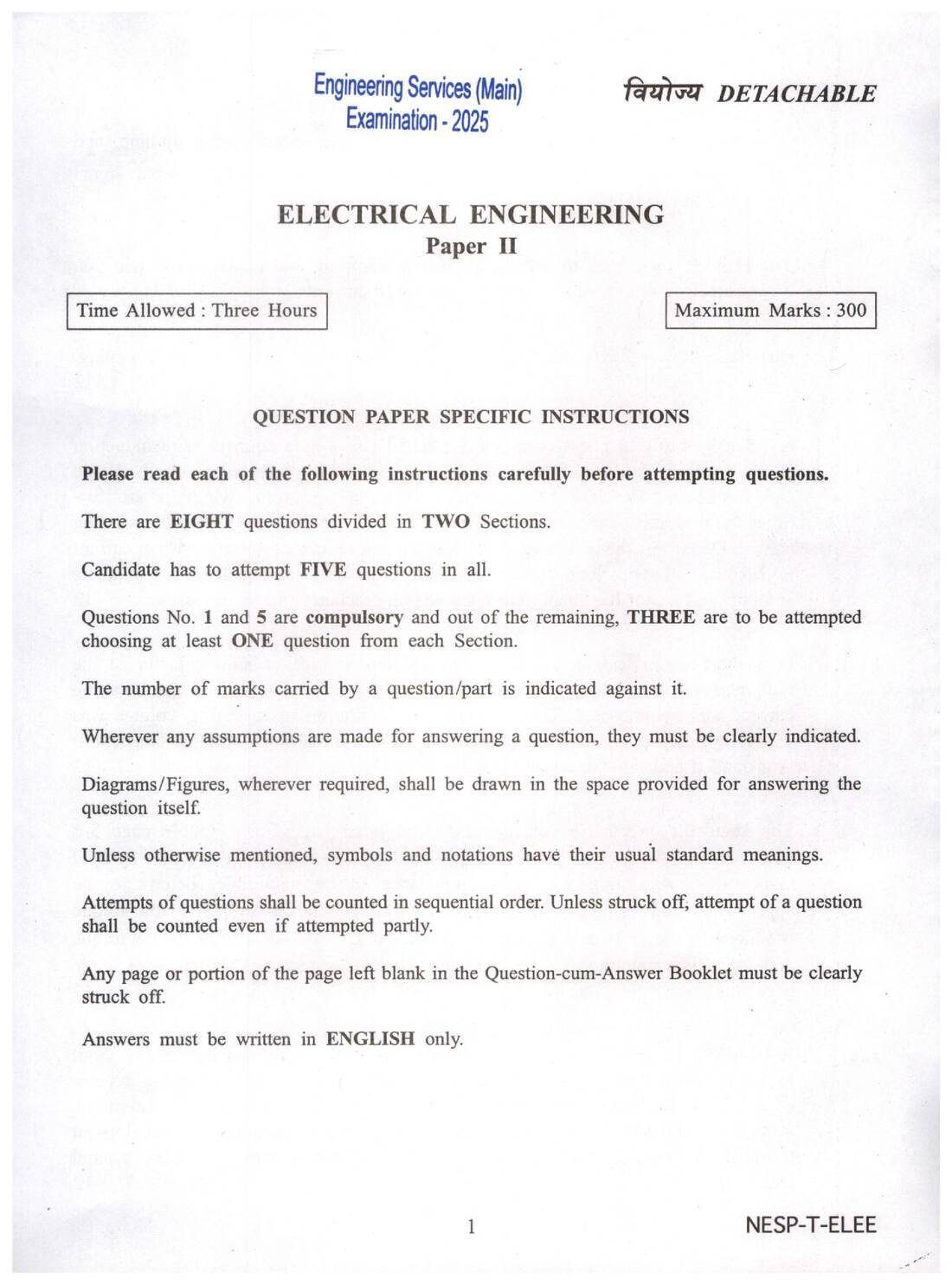 Engineering Services (Main) DETACHABLE Examination 2025 Electrical Engineering question paper page 1 instructions scan PDF download
