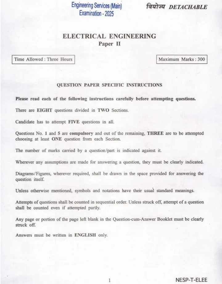 Engineering Services (Main) DETACHABLE Examination 2025 Electrical Engineering question paper page 1 instructions scan PDF download