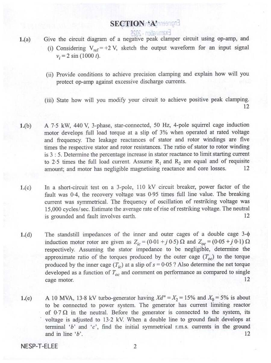 Engineering Services (Main) DETACHABLE Examination 2025 Electrical Engineering question paper page 1 instructions scan PDF download